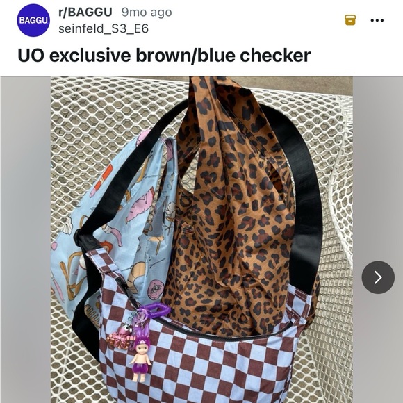 (NWOT) BAGGU Medium Nylon Crescent Bag - Brown and Blue Check - Picture 5 of 5
